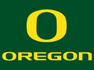 This version of the University of Oregon logo depicts the outer line of the "O" by tracing the outline of their football stadium, Autzen Stadium and the interior of the "O" with the outline of their track, Hayward Field. 